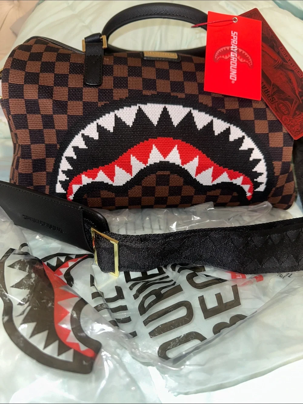 Sprayground KYOTOKNIT Sharks In Paris Mini Duffle🔥Checkered Travel Purse Bag
